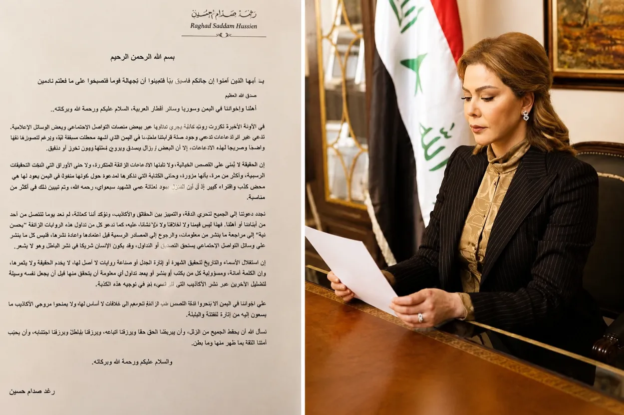 رغد صدام حسين تنفي صلتها بامرأة يمنية أشعلت قضية حمد بن فدغم والقبائل المحتشدة في الجوف